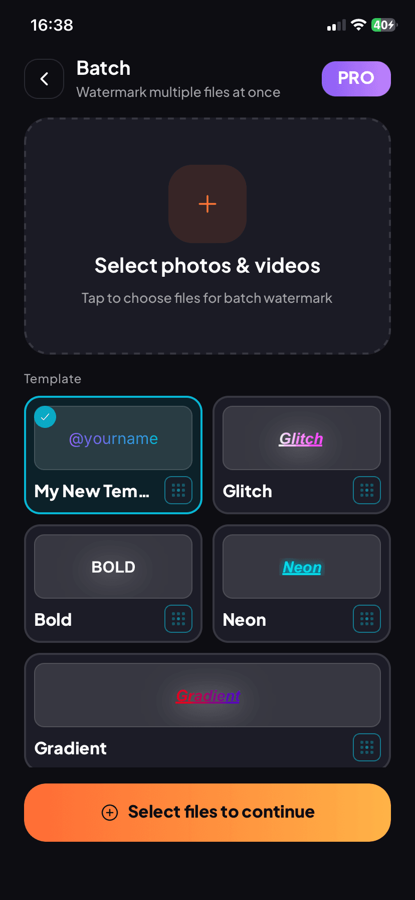 Creatag batch watermarking screen showing multiple selected photos ready for the same template
