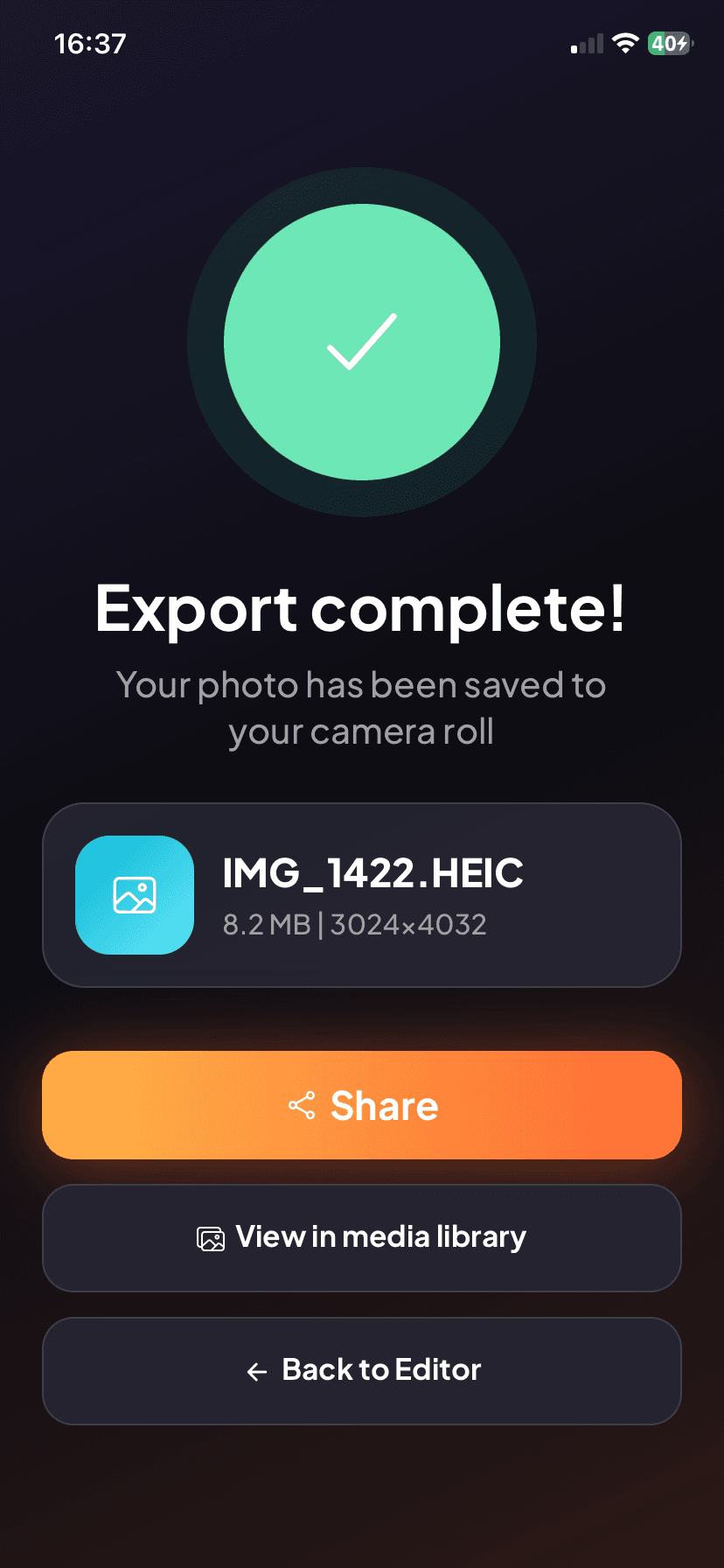 Creatag export success screen confirming the watermarked file was saved and is ready to share