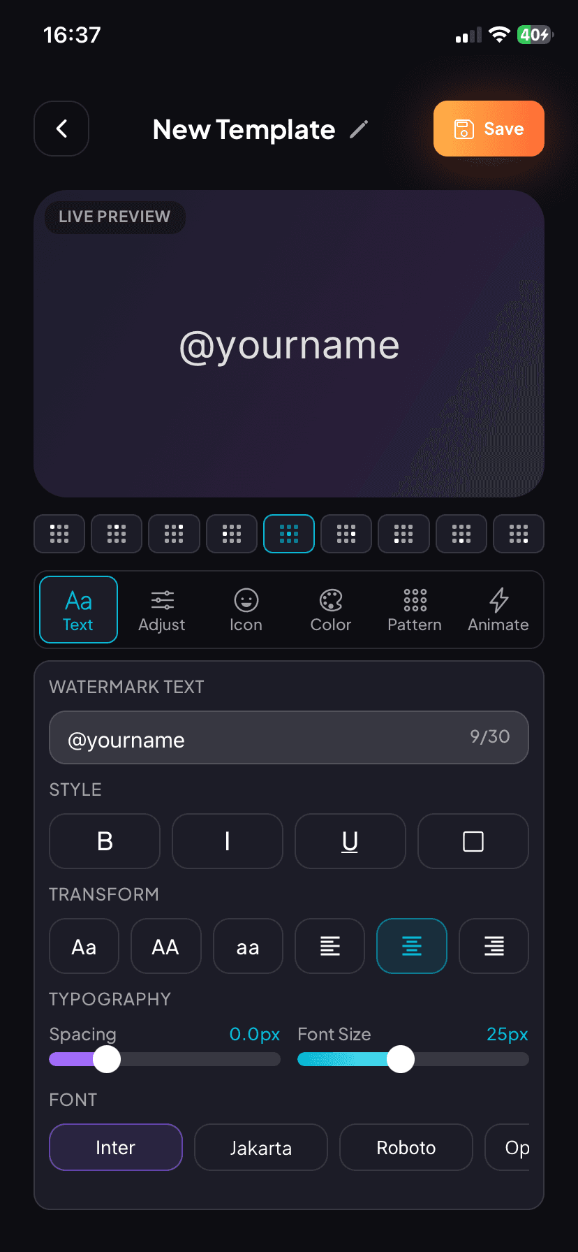 Creatag new template screen showing the workflow for creating a watermark template from scratch on iPhone